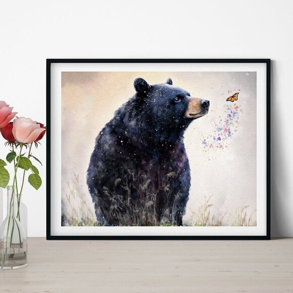 11x14 Black Bear with Butterfly‎ Watercolor Oil Painting Print - Picture 2 of 3